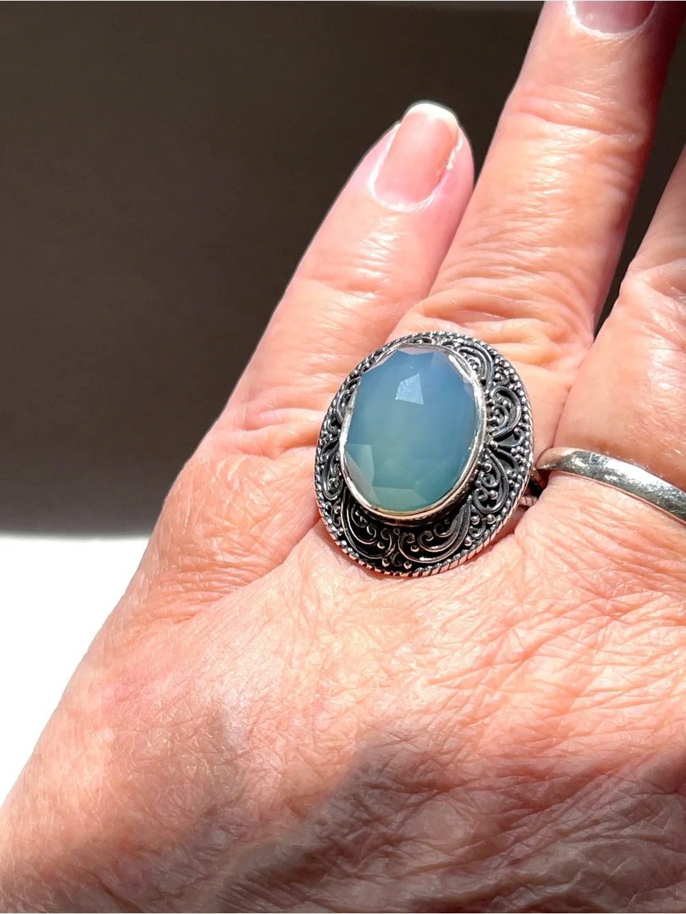 Vintage Sajen Ornate Sky Blue Quartz Faceted Statement Ring 925 Sterling 7
